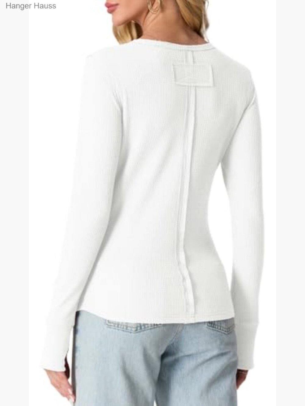 Waffle Knit Long Sleeve Crew Neck Slim Fitted Top with Thumbholes - Picture 2 of 6